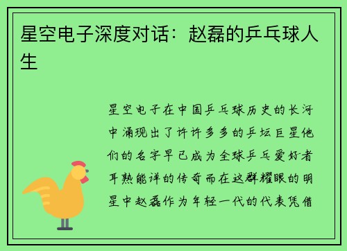 星空电子深度对话：赵磊的乒乓球人生