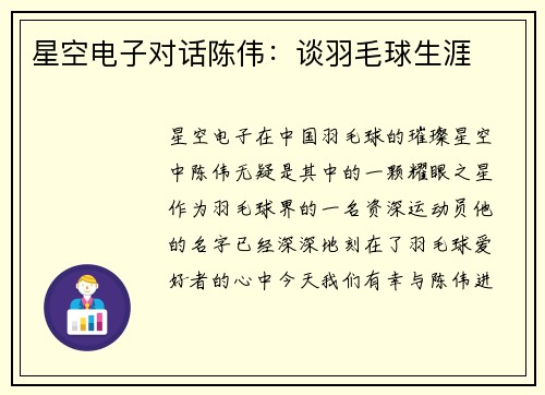 星空电子对话陈伟：谈羽毛球生涯