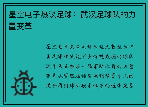星空电子热议足球：武汉足球队的力量变革