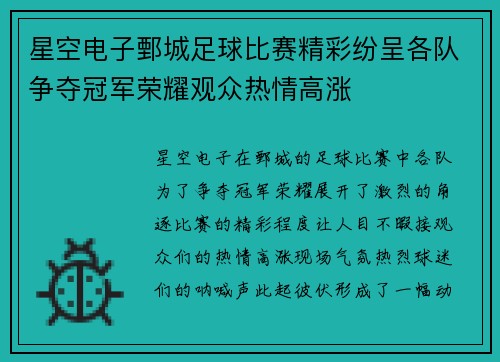 星空电子鄄城足球比赛精彩纷呈各队争夺冠军荣耀观众热情高涨