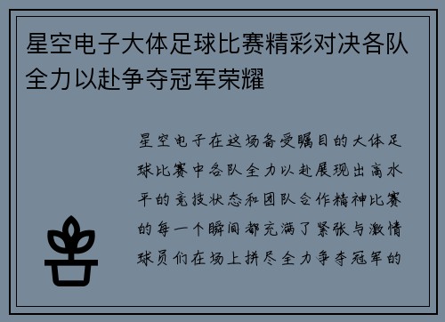 星空电子大体足球比赛精彩对决各队全力以赴争夺冠军荣耀