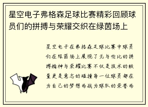 星空电子弗格森足球比赛精彩回顾球员们的拼搏与荣耀交织在绿茵场上