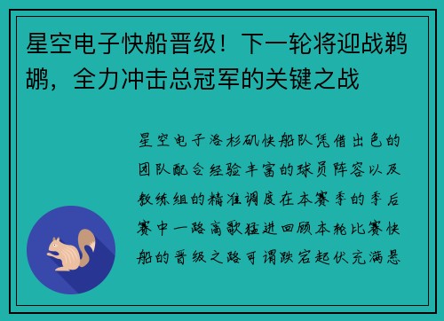 星空电子快船晋级！下一轮将迎战鹈鹕，全力冲击总冠军的关键之战