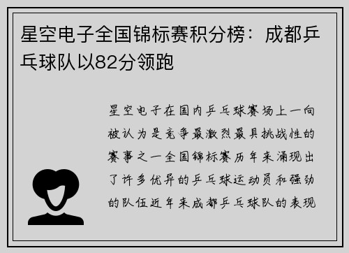 星空电子全国锦标赛积分榜：成都乒乓球队以82分领跑
