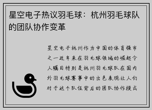 星空电子热议羽毛球：杭州羽毛球队的团队协作变革