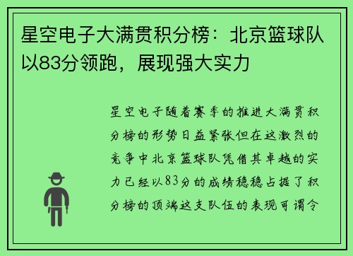 星空电子大满贯积分榜：北京篮球队以83分领跑，展现强大实力