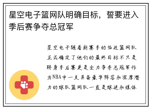 星空电子篮网队明确目标，誓要进入季后赛争夺总冠军