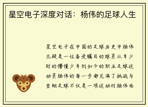 星空电子深度对话：杨伟的足球人生