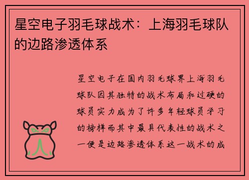 星空电子羽毛球战术：上海羽毛球队的边路渗透体系