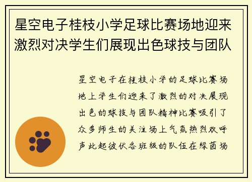 星空电子桂枝小学足球比赛场地迎来激烈对决学生们展现出色球技与团队精神